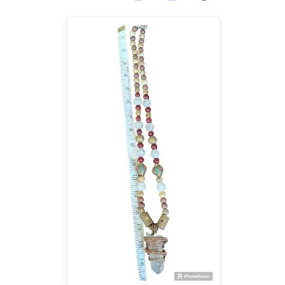 Huge Quartz Crystal Copper Wire Wrap Jasper Coral Turquoise Inlay Bead Necklace - Picture 6 of 6